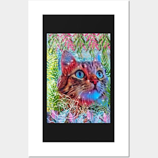 Beautiful blue eyed cat sitting in rose garden Posters and Art